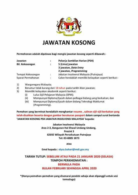 Iklan Jawatan Kosong Jabatan Insolvensi Malaysia • Kerja Kosong Kerajaan