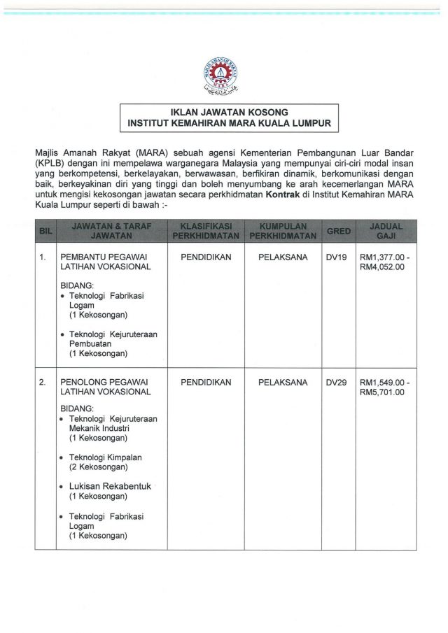 Iklan Jawatan MARA
