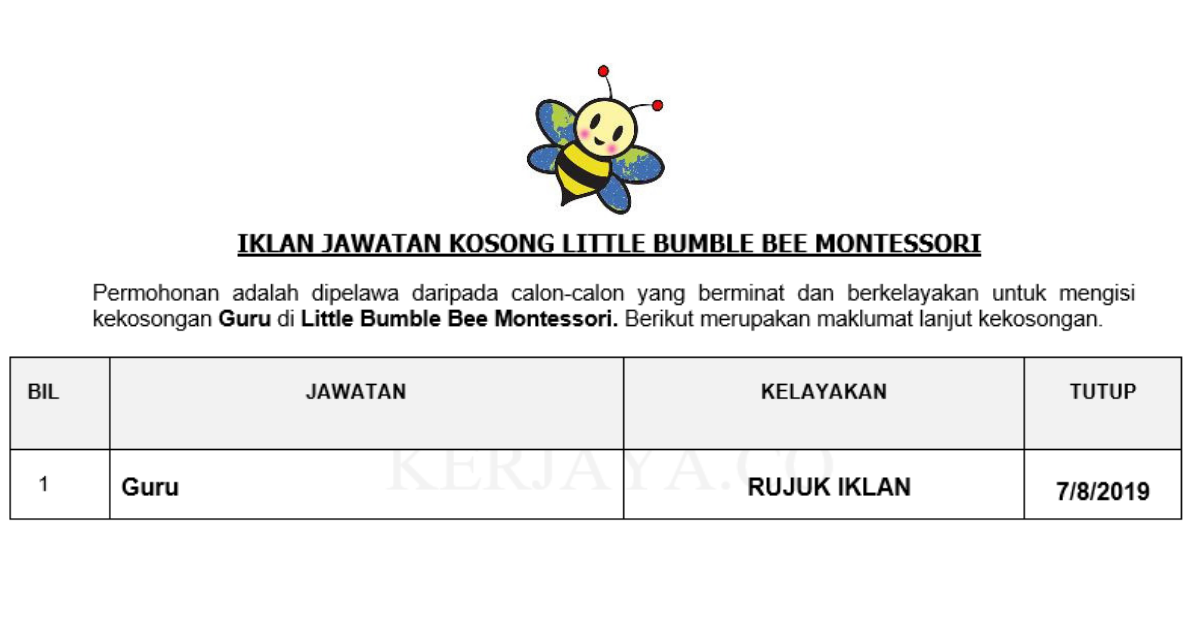 Little Bumble Bee Montessori (1) • Kerja Kosong Kerajaan