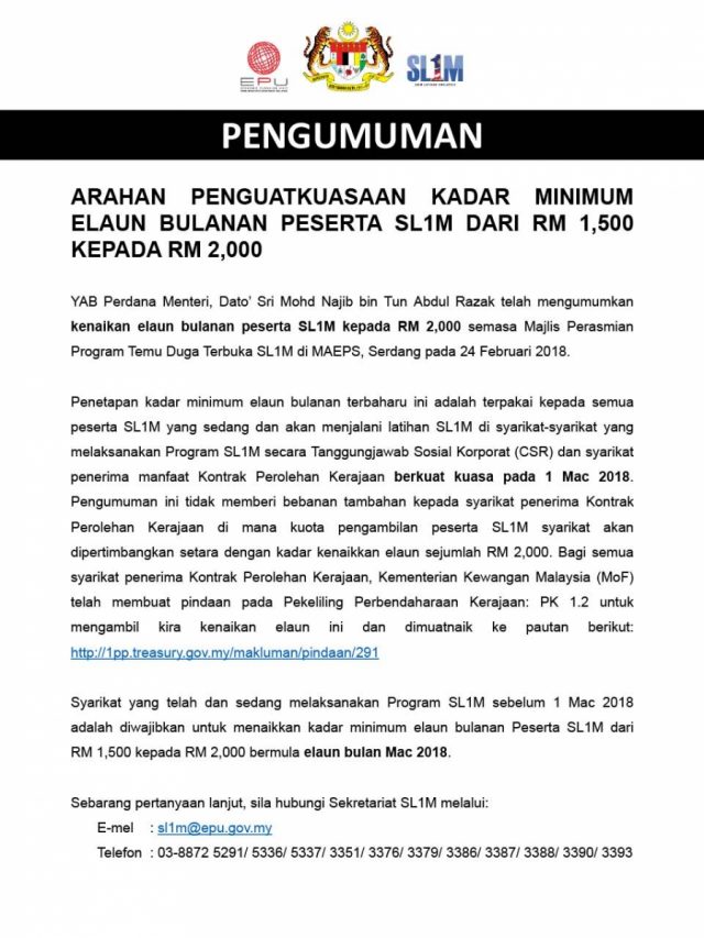 Arahan Rasmi Penguatkuasaan Kadar Minimum Elaun Bulanan Peserta SL1M Dari RM1500 ke RM2000 Sebulan