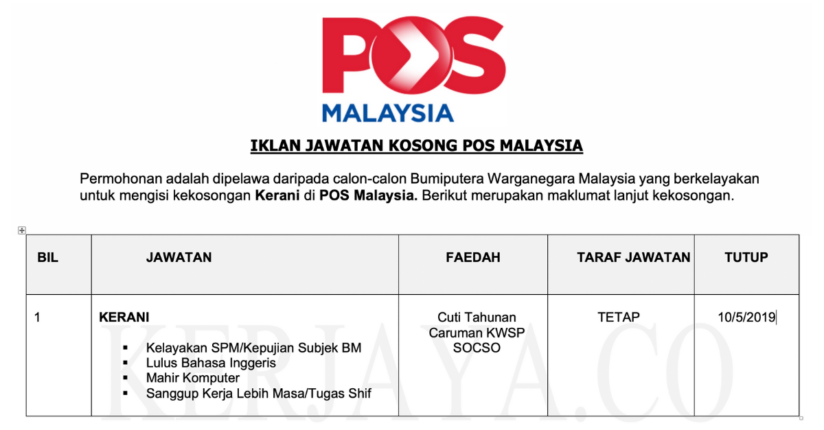 Jawatan Kosong Kerani Pos Malaysia