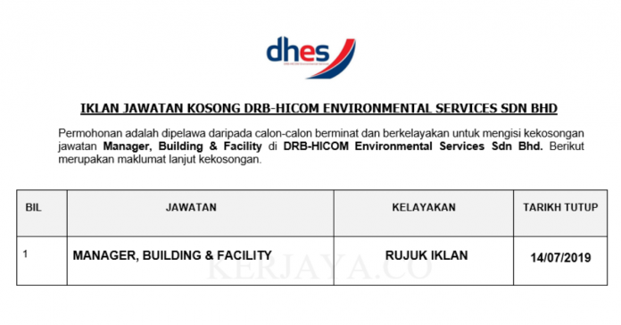 DRB-HICOM Environmental Services Sdn Bhd DRB-HICOM Environmental Services ~ Manager, Building & Facility