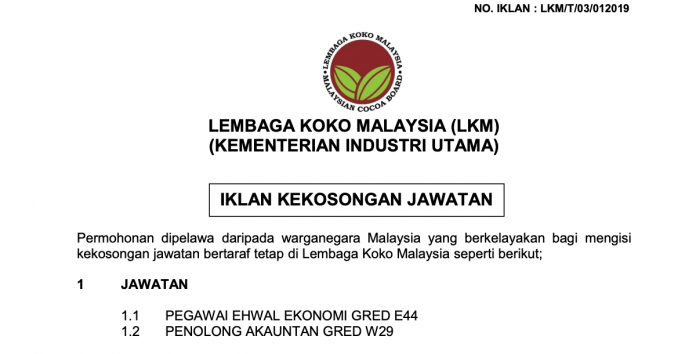 Iklan Kekosongan Jawatan Lembaga Koko Malaysia Peluang Kerja Kosong Lembaga Koko Malaysia