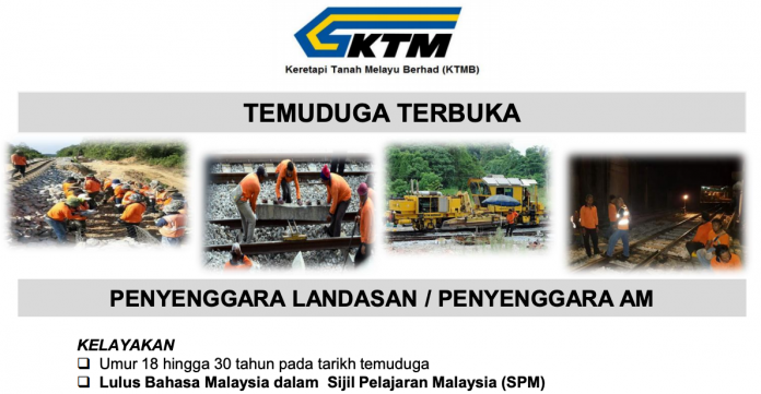 Iklan Temuduga Terbuka KTMB Jawatan Penyenggara Landasan & Penyenggara AM Temuduga Terbuka KTMB Jawatan Penyenggara Landasan & Penyenggara AM / Minima SPM Layak Mohon