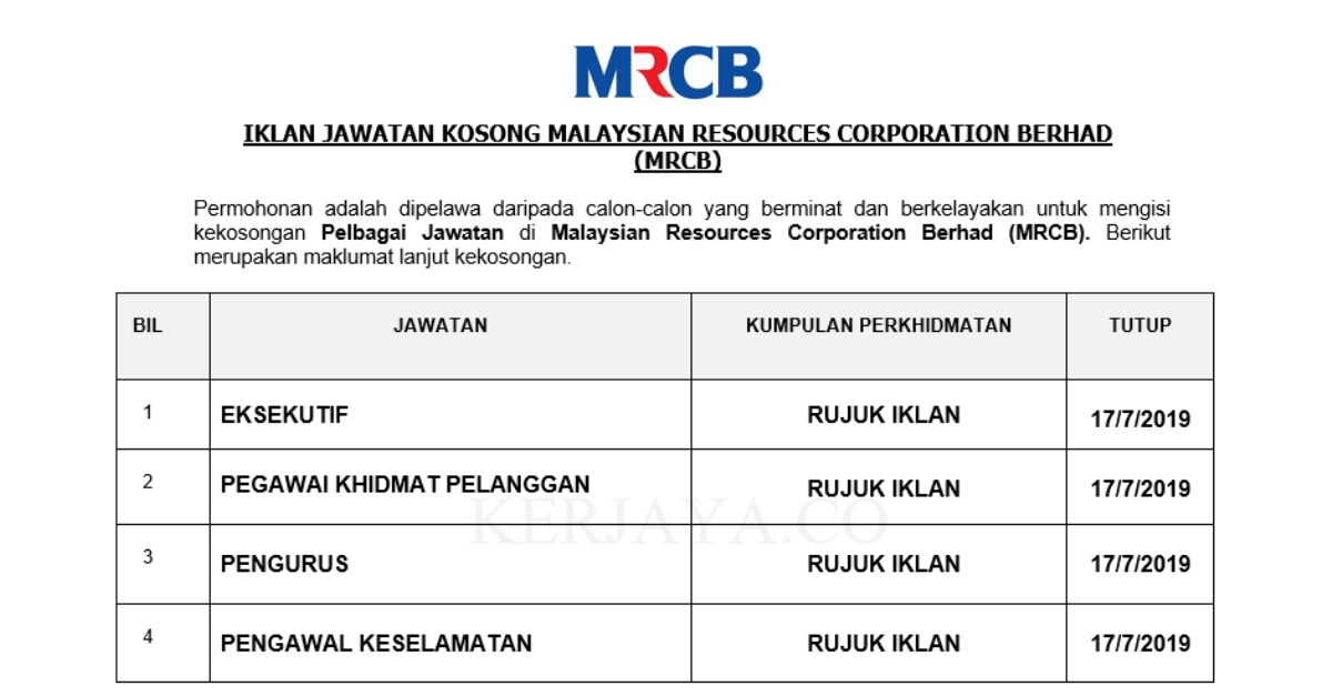 Malaysian Resources Corporation Berhad (MRCB) • Kerja 