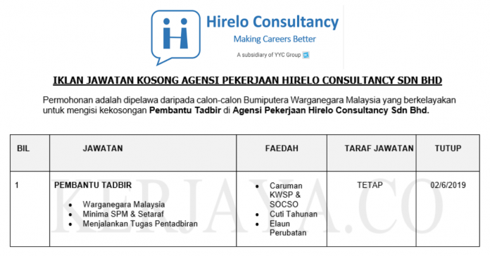 Agensi Pekerjaan Hirelo Consultancy Sdn Bhd Agensi Pekerjaan Hirelo Consultancy ~ Pembantu Tadbir