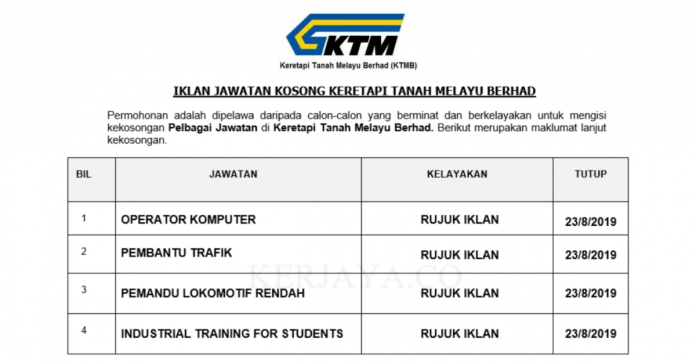 Keretapi Tanah Melayu Berhad Keretapi Tanah Melayu Berhad (KTMB) ~ Pelbagai Kekosongan Jawatan