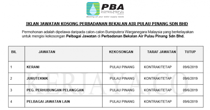 Perbadanan Bekalan Air Pulau Pinang Sdn Bhd Perbadanan Bekalan Air Pulau Pinang ~ Kerani, Juruteknik, & DLL
