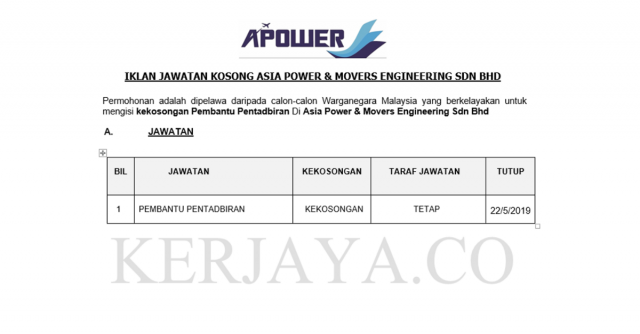 Asia Power & Movers Engineering ~ Pembantu Pentadbiran