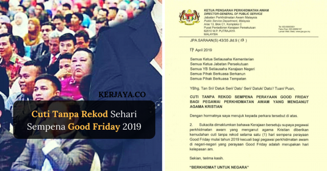 Cuti Tanpa Rekod Sehari Sempena Good Friday Untuk Kakitangan Awam Terlibat