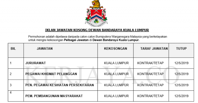 Jururawat / Pegawai Khidmat Pelanggan & Pelbagai Jawatan DBKL ~ Mohon Segera