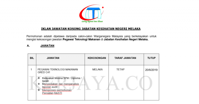 Jabatan Kesihatan Negeri Melaka ~ Pegawai Teknologi Makanan