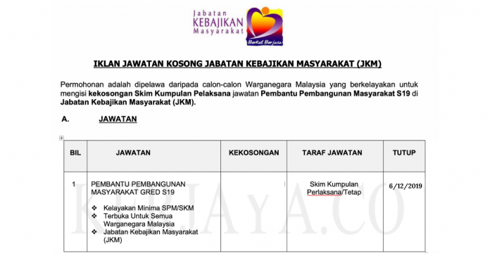 Jawatan Kosong Jabatan Kebajikan Masyarakat (JKM) (2) Jawatan Kosong Jabatan Kebajikan Masyarakat (JKM) (2)