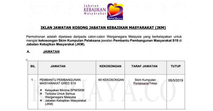 Jawatan Kosong Jabatan Kebajikan Masyarakat (JKM) Jawatan Kosong Jabatan Kebajikan Masyarakat (JKM)
