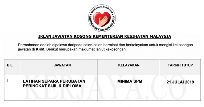Jawatan Kosong Kementerian Kesihatan Malaysia (KKM) (1) Jawatan Kosong Kementerian Kesihatan Malaysia (KKM) (1)