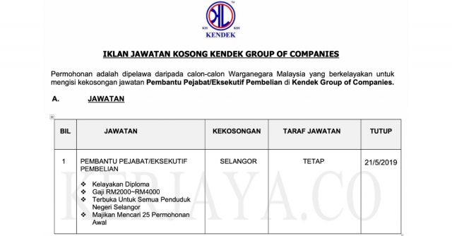 Kendek ~ Jawatan Pembantu Pejabat & Eksekutif Pembelian. Kekosongan di Selangor