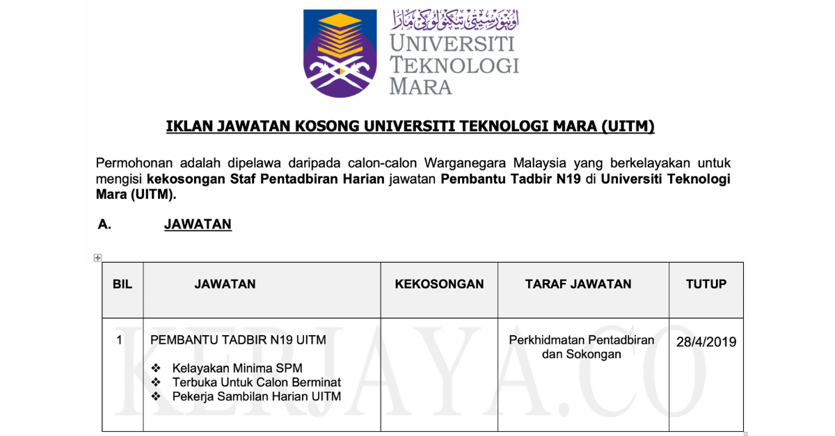 Jawatan Kosong Pembantu Tadbir UITM • Kerja Kosong Kerajaan