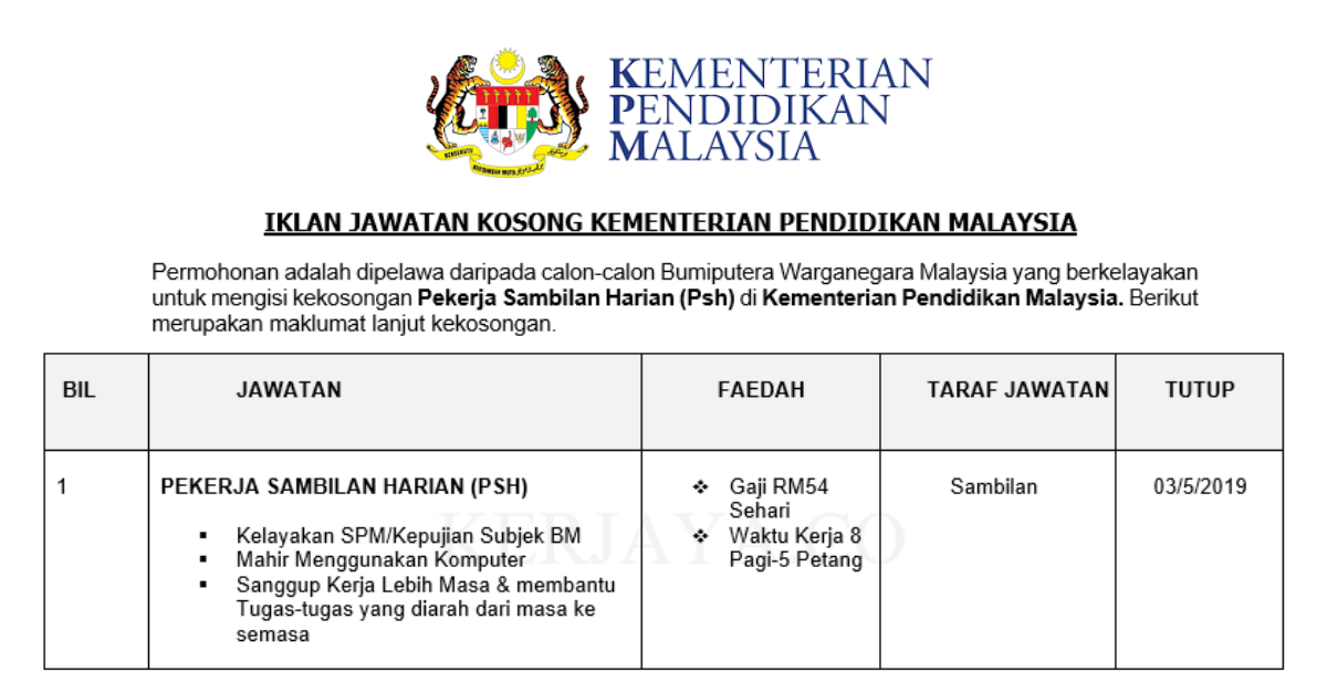 Jawatan Kosong Terkini Kementerian Pendidikan Malaysia Kerja Kosong Kerajaan Swasta