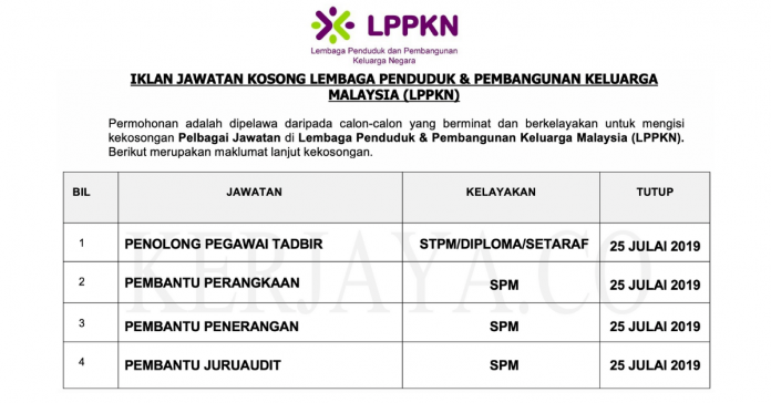 Lembaga Penduduk Dan Pembangunan Keluarga Negara (LPPKN) Lembaga Penduduk & Pembangunan Keluarga Malaysia (LPPKN) ~ Kekosongan Jawatan Pentadbiran, Pengurusan & Sokongan