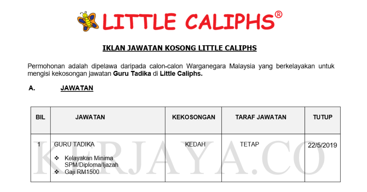 Jawatan Kosong Terkini Little Caliphs Guru Tadika Kerja Kosong Kerajaan Swasta