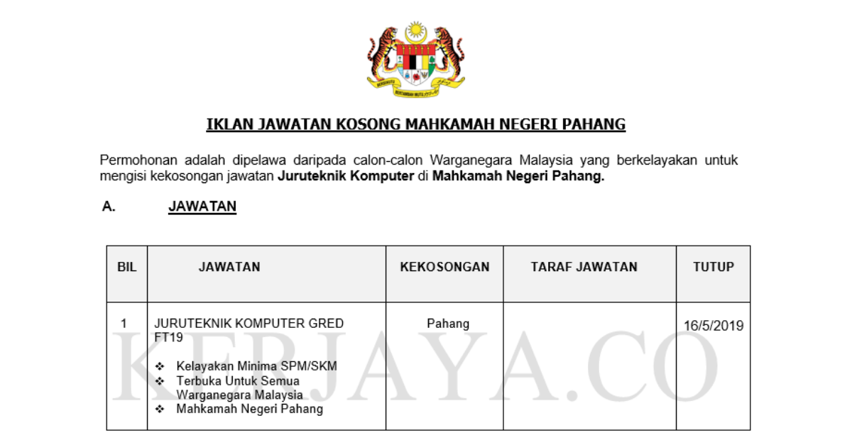 Mahkamah Negeri Pahang (1) • Kerja Kosong Kerajaan