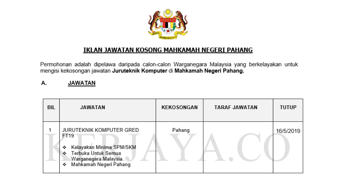 Jawatan Kosong Terkini Mahkamah Negeri Pahang ~ Juruteknik 