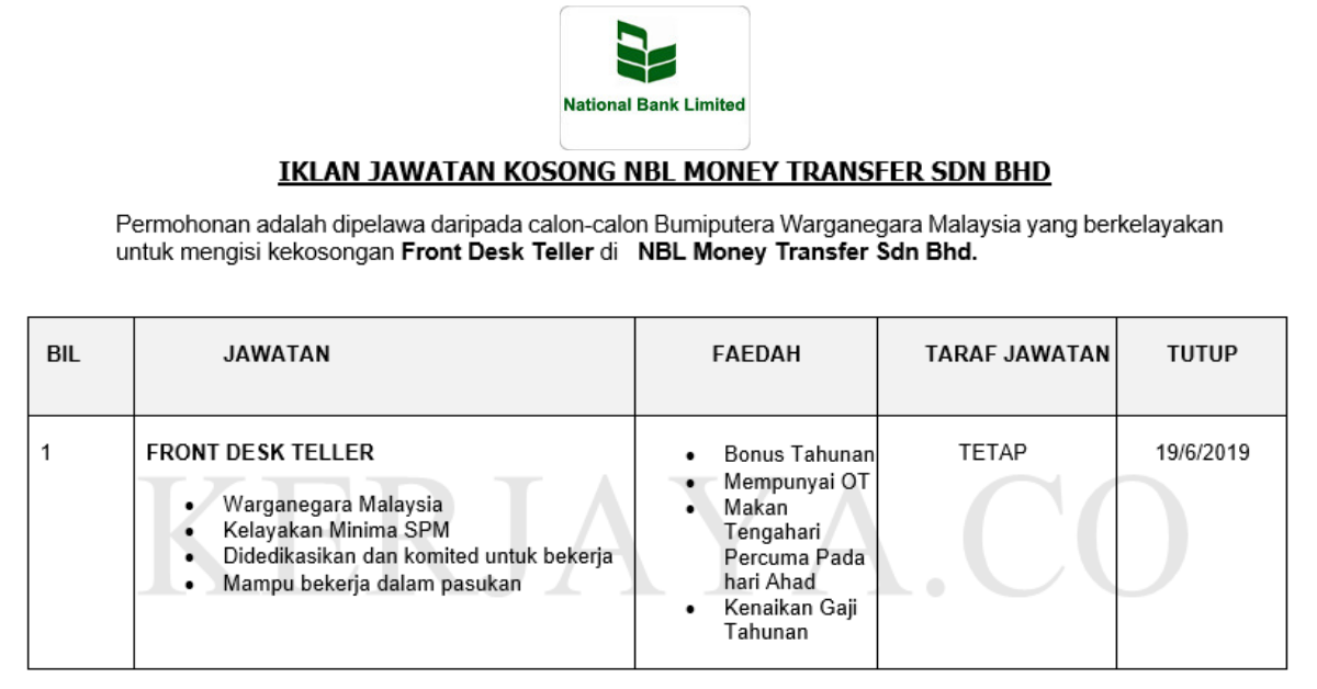 NBL Money Transfer Sdn Bh • Kerja Kosong Kerajaan