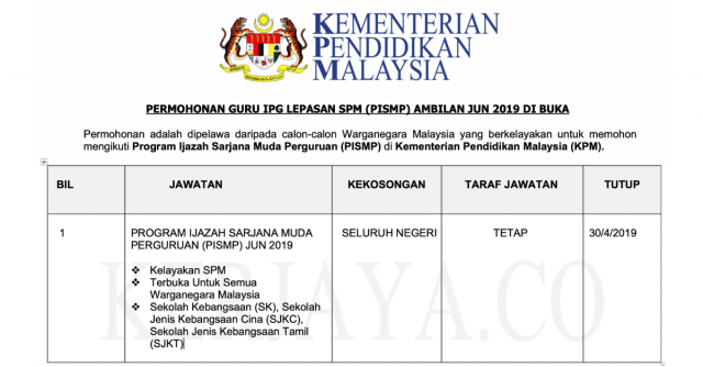 Permohonan IPG Calon Guru PISMP Lepasan SPM Ambilan Jun 2019