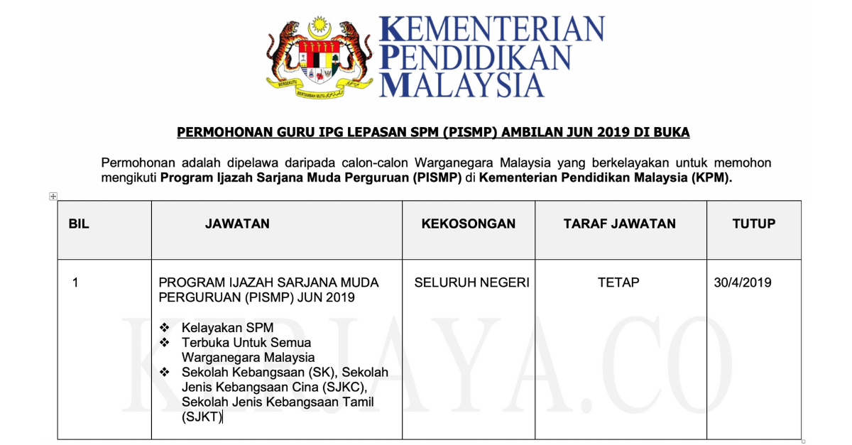 Permohonan Ipg Calon Guru Pismp Lepasan Spm Ambilan Jun 2019