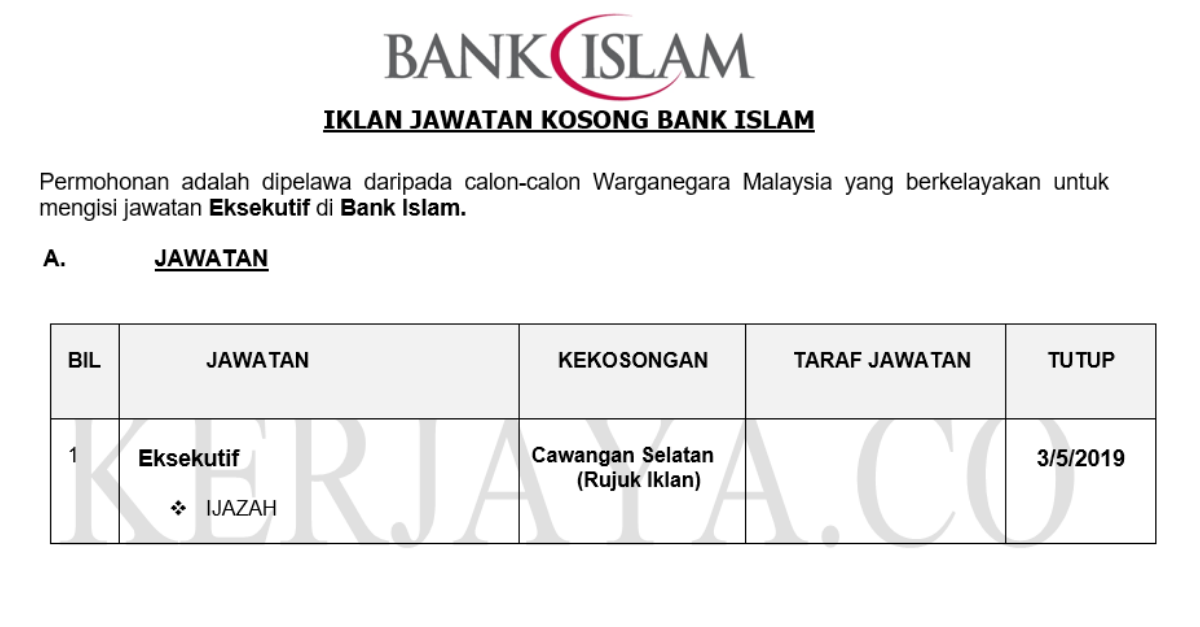 Permohonan Jawatan Kosong Terkini Bank Islam