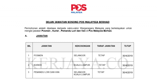 Pos Malaysia Berhad ~ Posmen / Kurier / Pemandu Lori dan Van