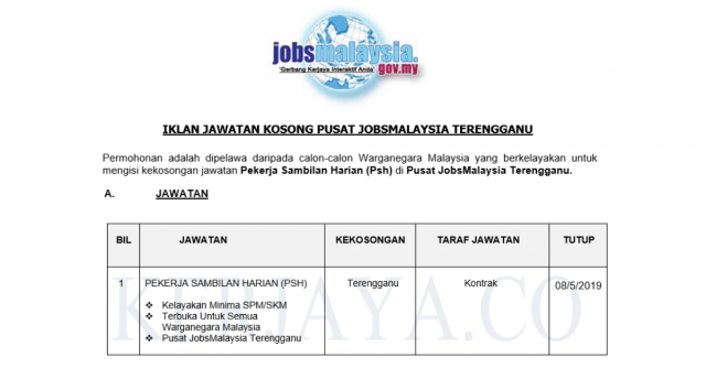 Pusat JobsMalaysia Terengganu ~ Pekerja Sambilan Harian (PSH)