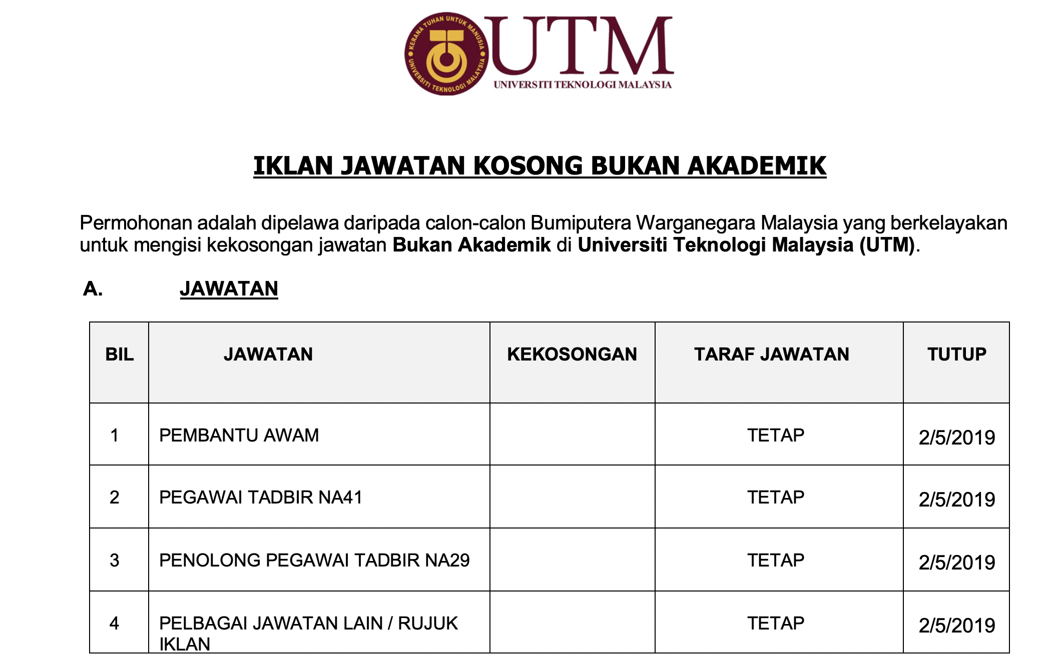 Universiti Teknologi Malaysia • Kerja Kosong Kerajaan