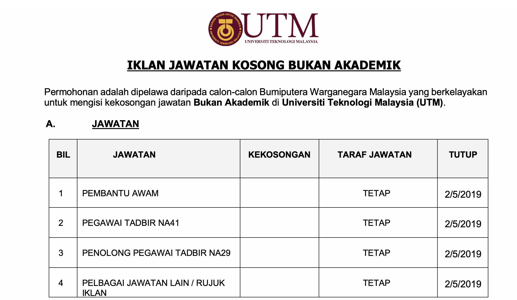 Universiti Teknologi Malaysia • Kerja Kosong Kerajaan