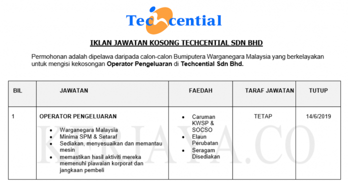 Techcential Sdn Bhd Operator Pengeluaran di Techcential