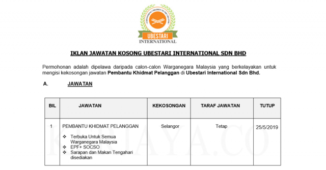 Ubestari International ~ Pembantu Khidmat Pelanggan