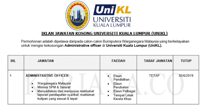 Universiti Kuala Lumpur (UniKL) _ Administrative Officer Universiti Kuala Lumpur (UniKL) ~ Administrative Officer