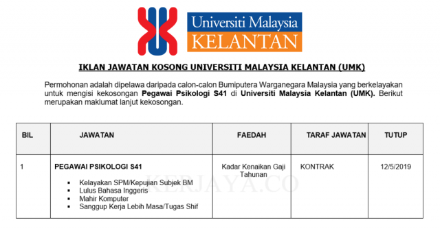 Universiti Malaysia Kelantan (UMK) ~ Pegawai Psikologi S41