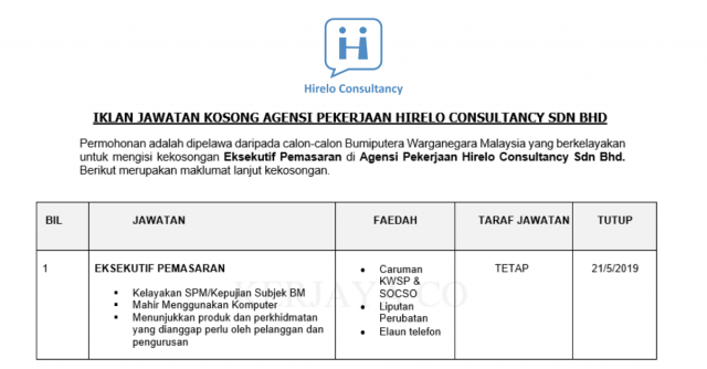Agensi Pekerjaan Hirelo Consultancy ~ Eksekutif Pemasaran