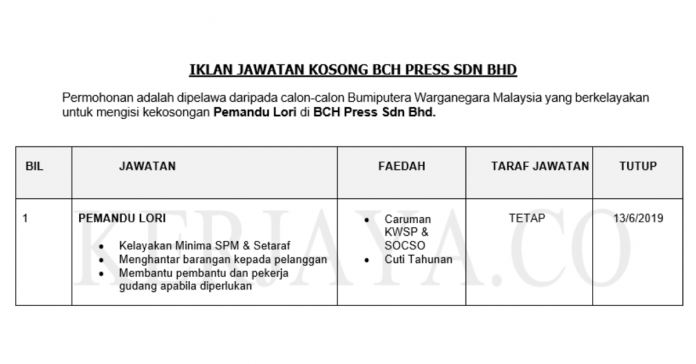 BCH Press Sdn Bhd BCH Press ~ Pemandu Lori