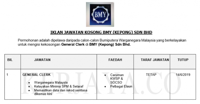 BMY (Kepong) Sdn Bhd BMY ~General Clerk