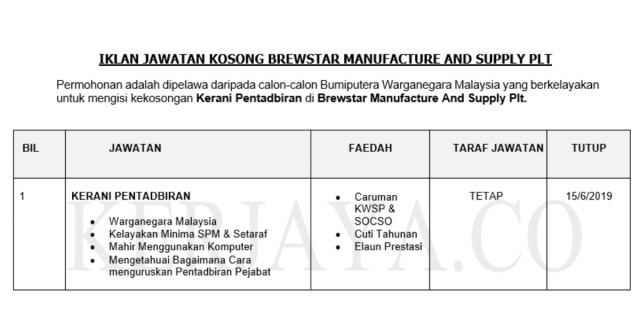 Brewstar Manufacture And Supply Plt ~ Kerani Pentadbiran