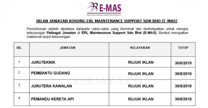 ERL Maintenance Support Sdn Bhd (E-MAS) ERL Maintenance Support ~ Juruteknik, Pembantu Gudang, Jurutera & Pemandu Kereta api