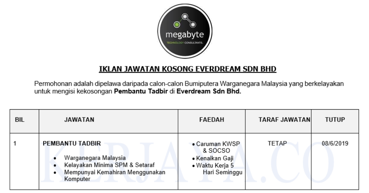 Jawatan Kosong Terkini Everdream ~ Pembantu Tadbir • Kerja ...