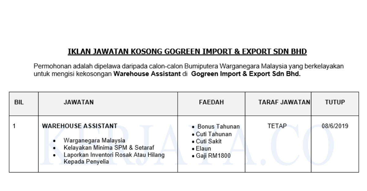 Gogreen Import & Export Sdn Bhd (1) • Kerja Kosong Kerajaan