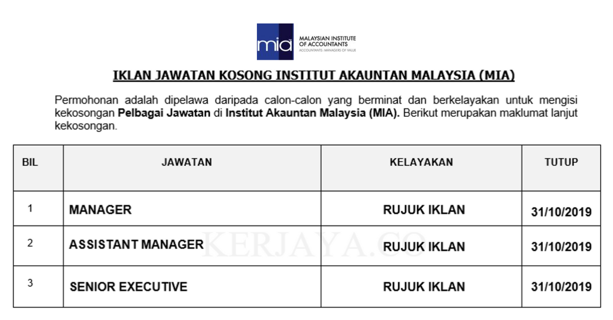 Jawatan Kosong Terkini Institut Akauntan Malaysia (MIA 