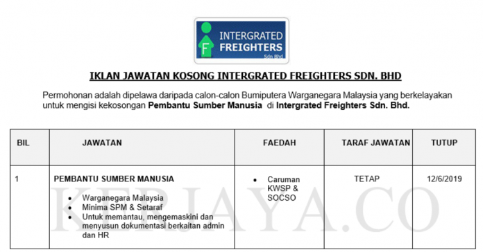 Intergrated Freighters Sdn. Bhd (1) Intergrated Freighters ~ Pembantu Sumber Manusia
