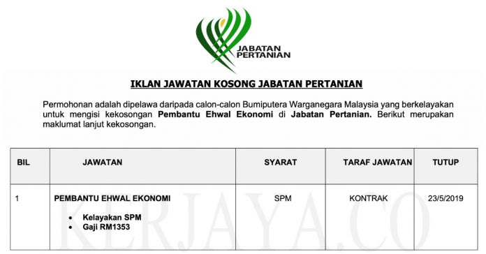 Jabatan Pertanian _ Kekosongan Pembantu Ehwal Ekonomi Gred SPM Jabatan Pertanian / Kekosongan Pembantu Ehwal Ekonomi Gred SPM