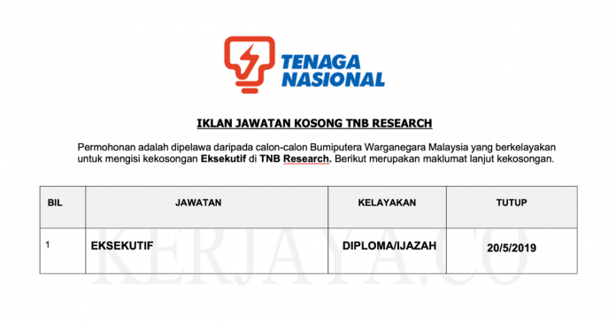 Jawatan Kosong Eksekutif TNB Research Jawatan Kosong Eksekutif TNB Research
