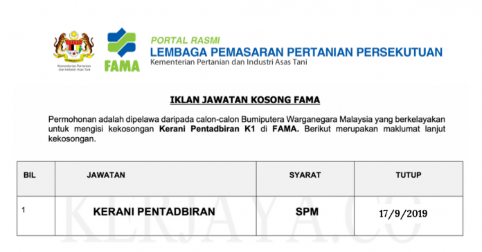 Jawatan Kosong Kerani Pentadbiran FAMA (2) Jawatan Kosong Kerani Pentadbiran FAMA (2)